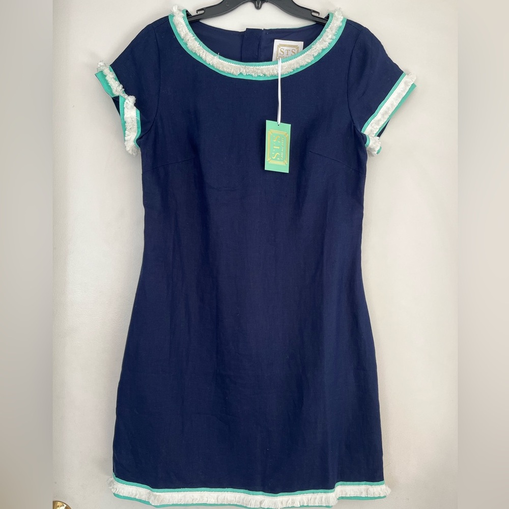 NWT Sail to Sable navy linen fringe shift dress 10